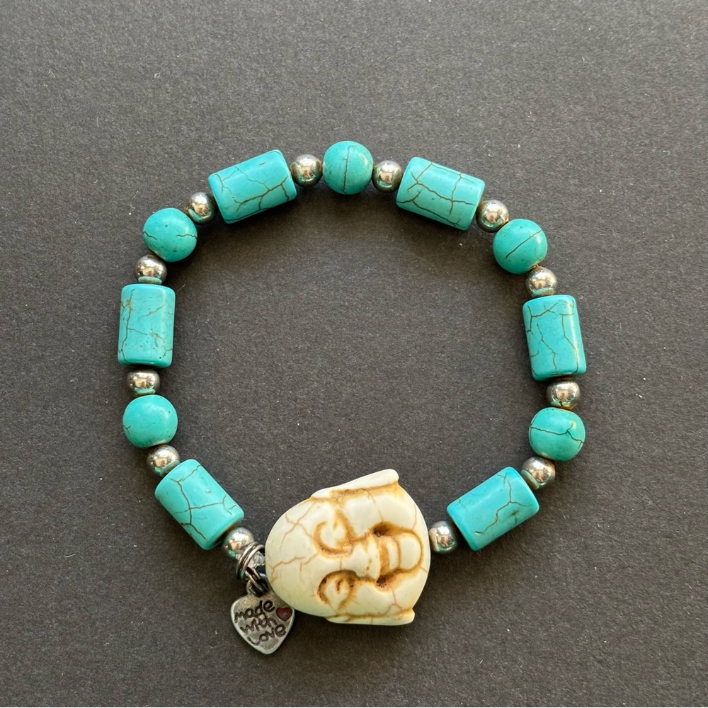 Howlite Buddha Charm Bracelet Turquoise Cream Beaded Handmade